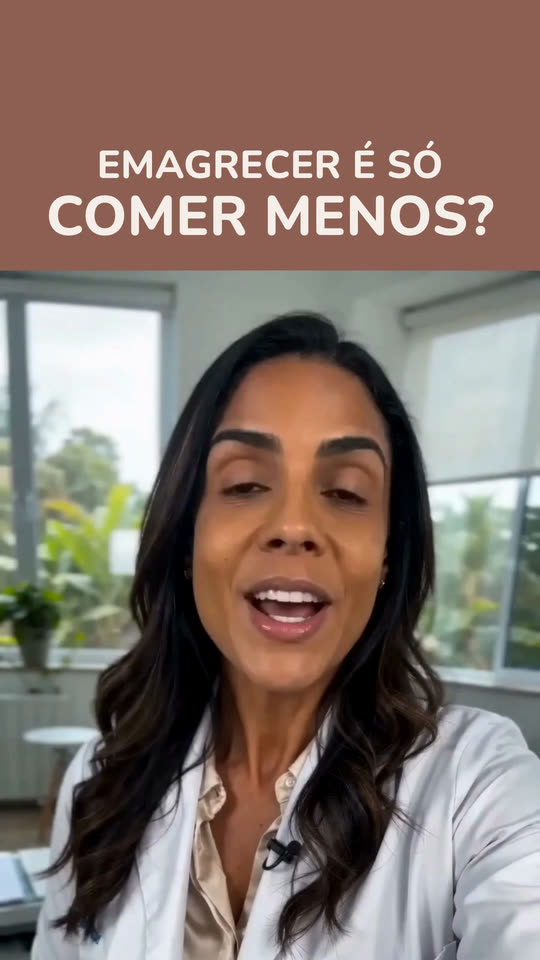 Capa Faixa: tarja na cor de destaque no topo, com a frase Emagrecer é só comer menos? em letras maiúsculas, e o vídeo logo abaixo.